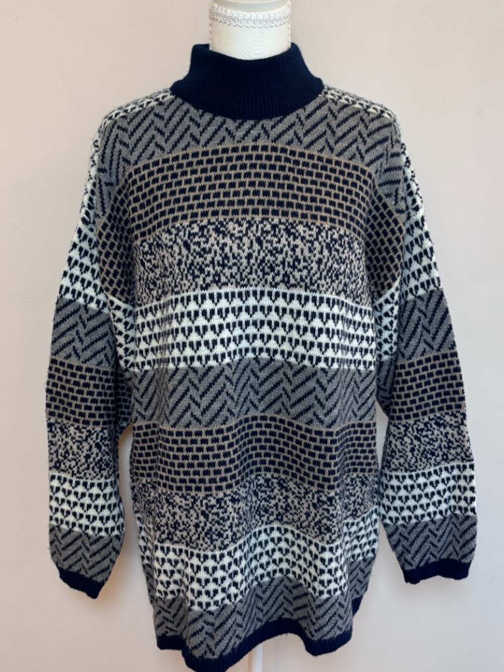 Vintage Southern Lady Geometric Mock Neck Sweater XL 80s 90s
